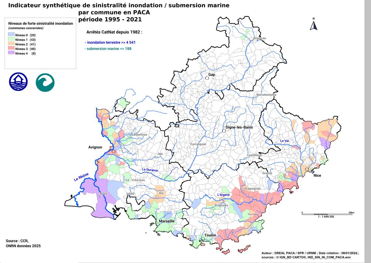 On compte 152 communes dites à « forte sinistralité Inondation » sur la région PACA, dont le coût cumulé est supérieur à 2 M€, regroupées dans les départements des Hautes-Alpes, des Alpes-Maritimes, des Bouches-du-Rhône, du Var et de Vaucluse.  Parmi ces communes on en dénombre 48 dites à « forte sinistralité Inondation » de niveaux 3 et 4 : 19 communes dans les Alpes-Maritimes ; 5 dans les Bouches-du-Rhône, 18 dans le Var et 6 en Vaucluse
