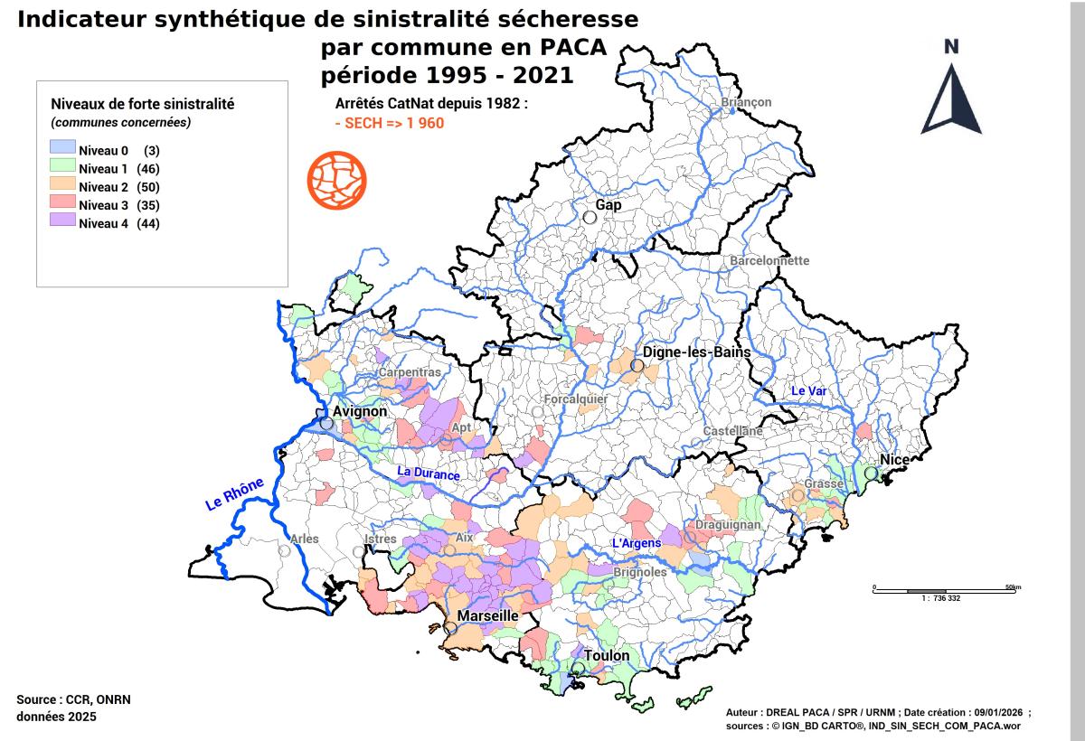178 communes sont classées à forte sinistralité " sécheresse " réparties comme suit :  11 dans le DPT 04, 20 dans le DPT 06, 58 dans le DPT 13, 50 dans le DPT 83 et 39 dans le DPT 84