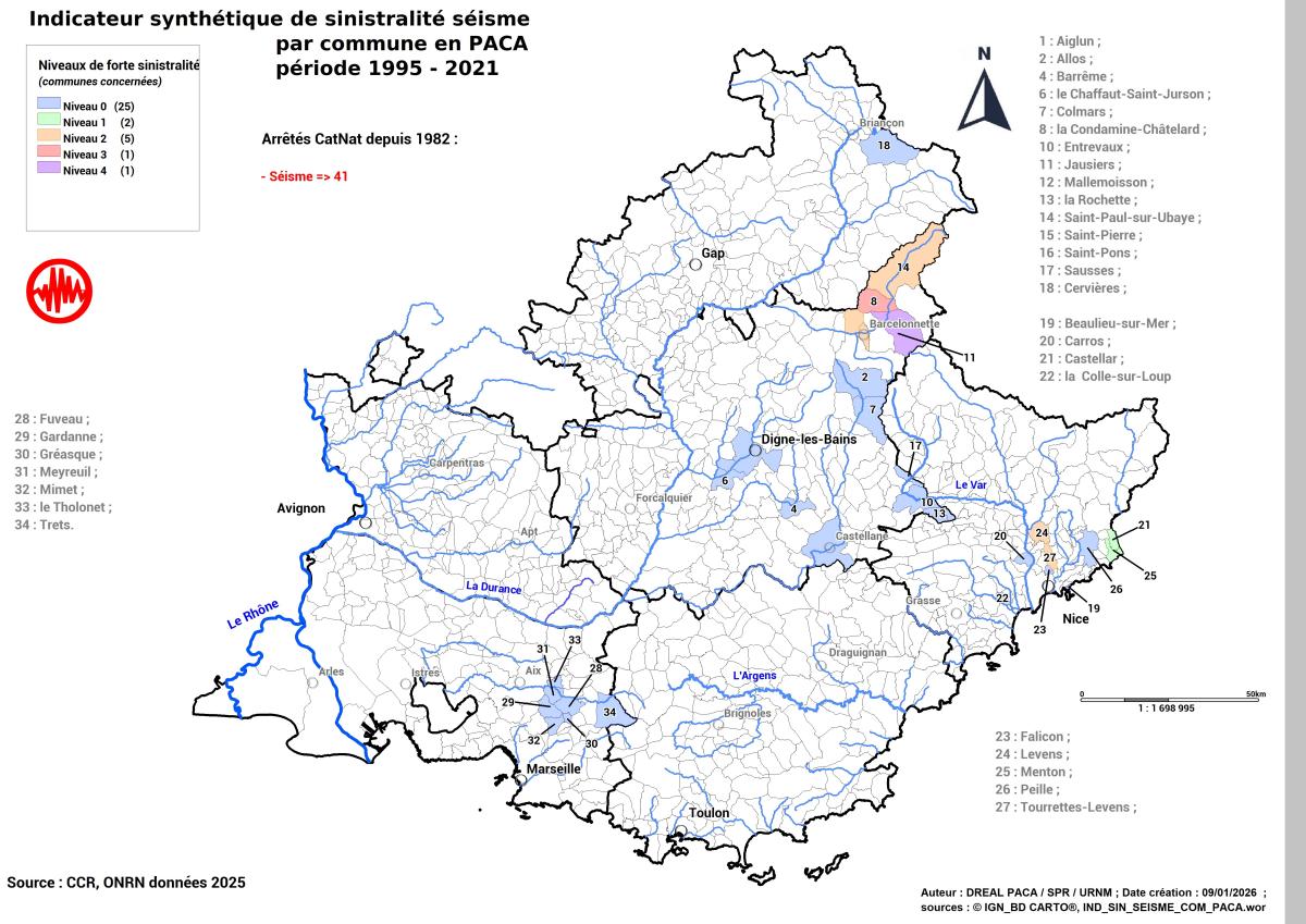 On compte 9 communes dites à « forte sinistralité SEISME » sur la région PACA, dont le coût cumulé est positif, regroupées dans les départements des Alpes-de-Haute-Provence et des Alpes-Maritimes : ✗5 communes dans les Alpes-de-Haute-Provence : Barcelonnette, la Condamine-Châtelard, Jausiers, Saint-Paul-sur-Ubaye et Saint-Pons ; ✗4 communes dans les Alpes-Maritimes : Castellar, Levens, Menton et Tourrette-Levens.