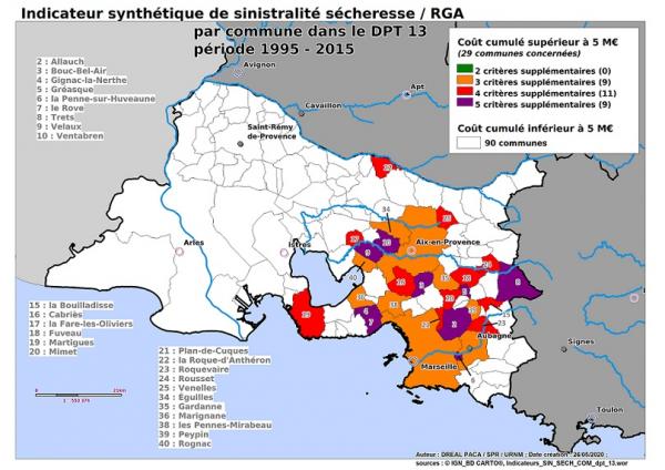 Carte des communes à forte sinistralité « Sécheresse » (ONRN, données 2020) – zoom Bouches-du-Rhône      
