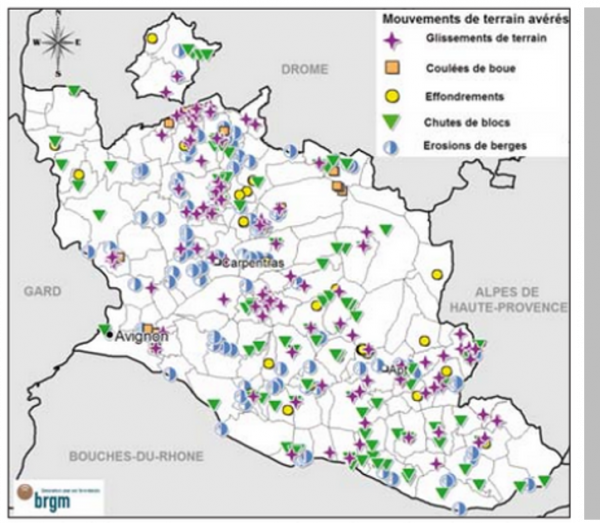 Exemple de carte des événements mouvements de terrain passés sur le Vaucluse (c) BRGM