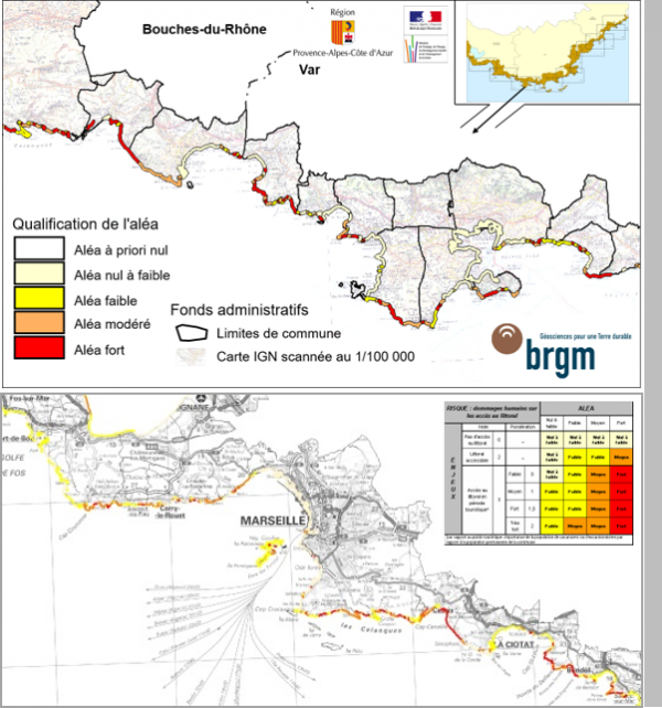 Aléa et risques instabilités de falaises côtières sur le littoral de la région PACA 1/100 000e Réf.  BRGM RP-52829-FR, RP-53951-FR, RP-54316-FR, RP-56090-FR Marçot N (2004, 2005, 2006, 2008)