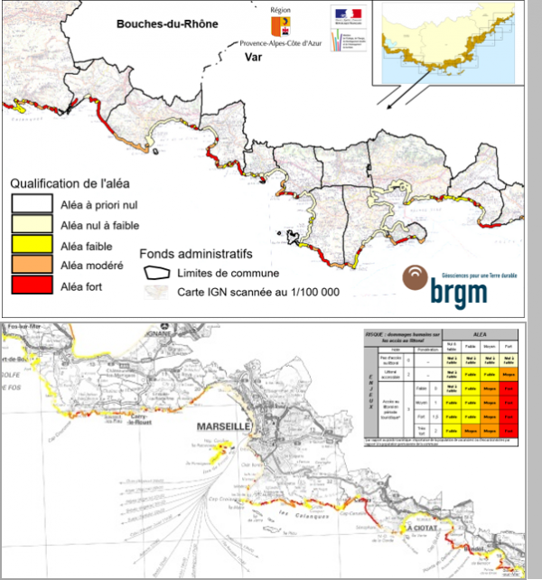 Aléa et risques instabilités de falaises côtières sur le littoral de la région PACA 1/100 000e Réf. BRGM RP-52829-FR, RP-53951-FR, RP-54316-FR, RP-56090-FR Marçot N (2004, 2005, 2006, 2008)