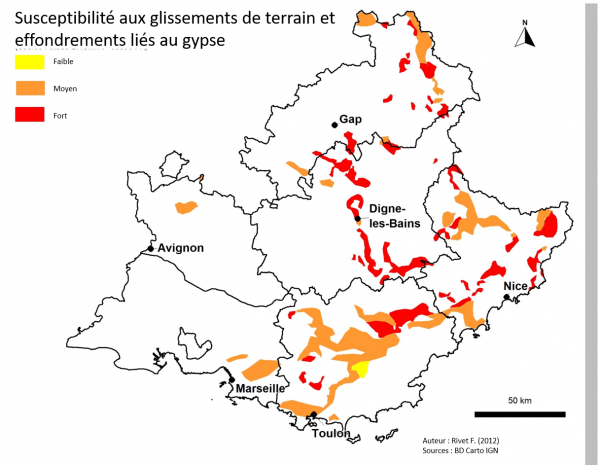 Susceptibilité aux glissements de terrain et aux effondrements liés au gypse 1/100 000e Réf. BRGM/R-60896-FR - Rivet F. (2012) 
