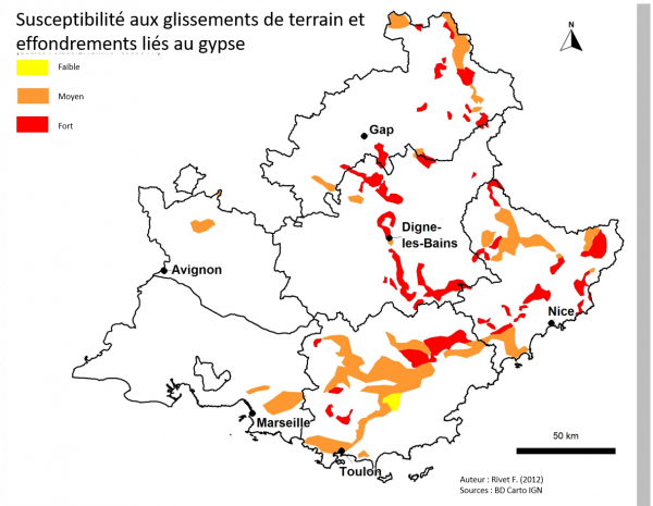 Susceptibilité aux glissements de terrain et aux effondrements liés au gypse 1/100 000e Réf. BRGM/R-60896-FR - Rivet F. (2012)