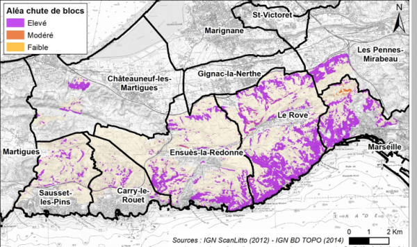 Cartographie de l'aléa chute de blocs au 1/25 000e sur le territoire de la Côte Bleue du Conservatoire du Littoral (c) BRGM 2020