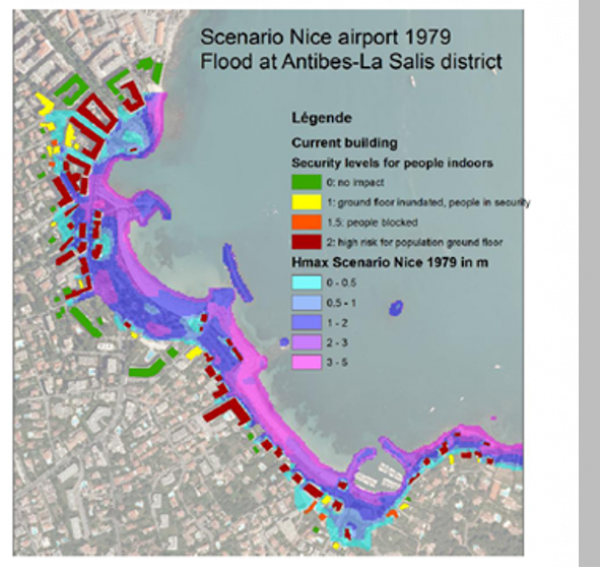 Carte du niveau d’exposition de la population située à l’intérieur des bâtiments à Antibes, en cas de tsunami de type Nice 1979 © BRGM