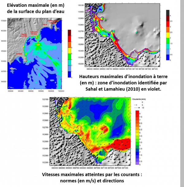 Cartes des résultats de simulation du scénario de tsunami de type Nice 1979 © BRGM