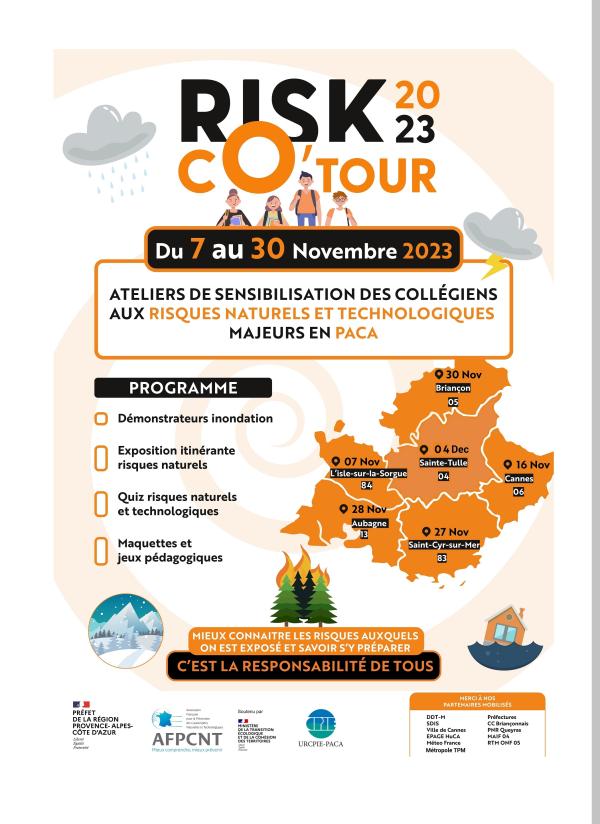 Affiche de promotion du RISK CO'TOUR (acteurs mobilisés, ateliers proposés => démonstrateurs inondation, véhicules, SDIS, maquettes, jeux pédagogiques, exposition itinérante)