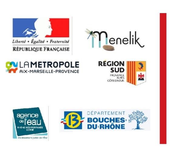 Logos Partenaires financiers PEP Menelik => Etat, Métropole AMP, Agence de l'Eau RMC, Conseil régional PACA, Département 13